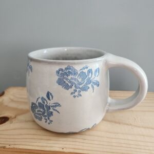 Floral Blue and Light Gray Ceramic Mug made in Portugal NWT